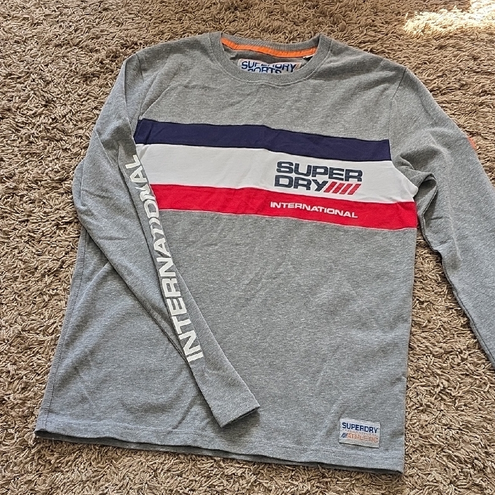 Superdry Grey Long Sleeve Tee with Navy, White & Red Stripes